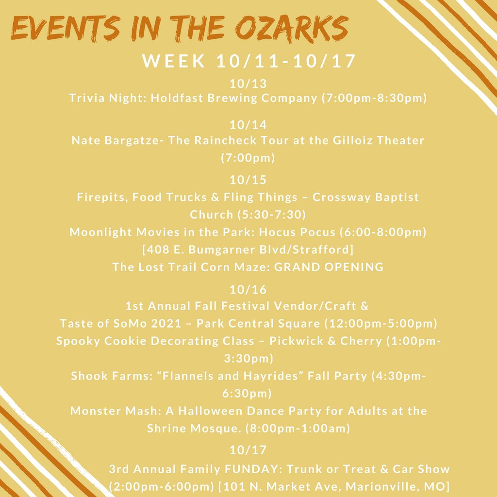 FallfortheOzark's tweet photo. No plans this weekend? Here's some fun fall activities happening in the Ozarks! π
Which ones are you guys looking forward to?
#Fallidays #SGFfall #FallintheOzarks #FallfortheOzarks #Fall #Springfieldevents #SGF #Springfield #Ozarks https://t.co/Y7gtMM9q4h