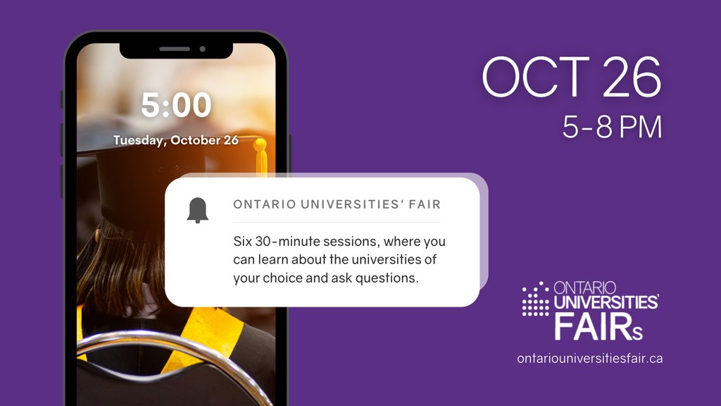 We have extended the October 26 OUFs event by an hour. That means two extra 30-minute sessions have been added to the schedule!

Don’t miss the next virtual #OUF2021! View the event schedule at: ontariouniversitiesfair.ca/schedules.

#OntarioUniversity #UniversityFair #UniversityEducation