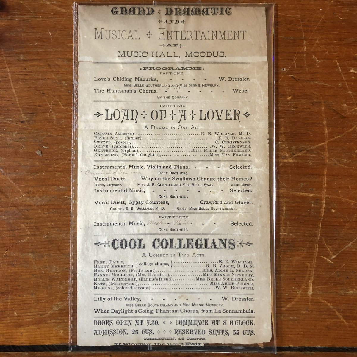 EHHSMuseum's tweet photo. Goodspeed’s Opera House wasn’t the only entertainment in town.  Moodus also had a lovely Music Hall.  Here is an 1800’s broadsheet advertising a night of entertainment put on by many of the leading townspeople.  Sounds like a great night!  #easthaddam #moodus #hadlyme #cthistory https://t.co/3r8y6e56FC
