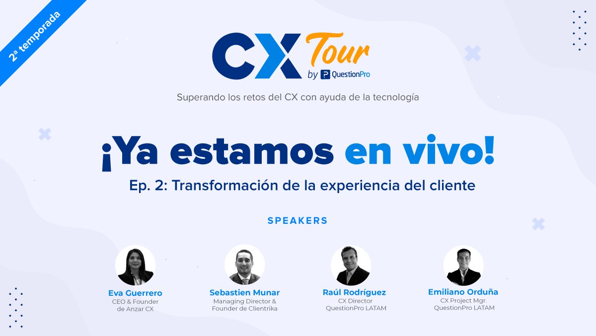 questionpro_es's tweet photo. ¡Ya estamos en vivo! 🔴
Acompáñanos en un nuevo episodio de #CXTour junto a 2 invitados de lujo, grandes expertos del #CustomerExperience: Eva Guerrero, CEO y Founder de @AnzarCx y Sebastien Munar, CEO y Founder de Clientrika.
Únete GRATIS aquí 👉 https://t.co/iqgEoHanVt https://t.co/GDf6RcA8Wt