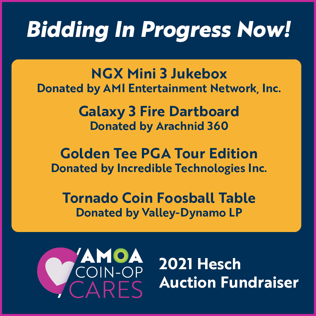 coinop's tweet photo. The Hesch Fundraising Auction is officially open for bidding.  Check out this small sampling of the amazing Coin-Op products available plus there is so much more from consumer products to one-of-a-kind vacation packages.  Don't delay - visit https://t.co/vtc9fFdZj8 today! https://t.co/EatIYa0N06