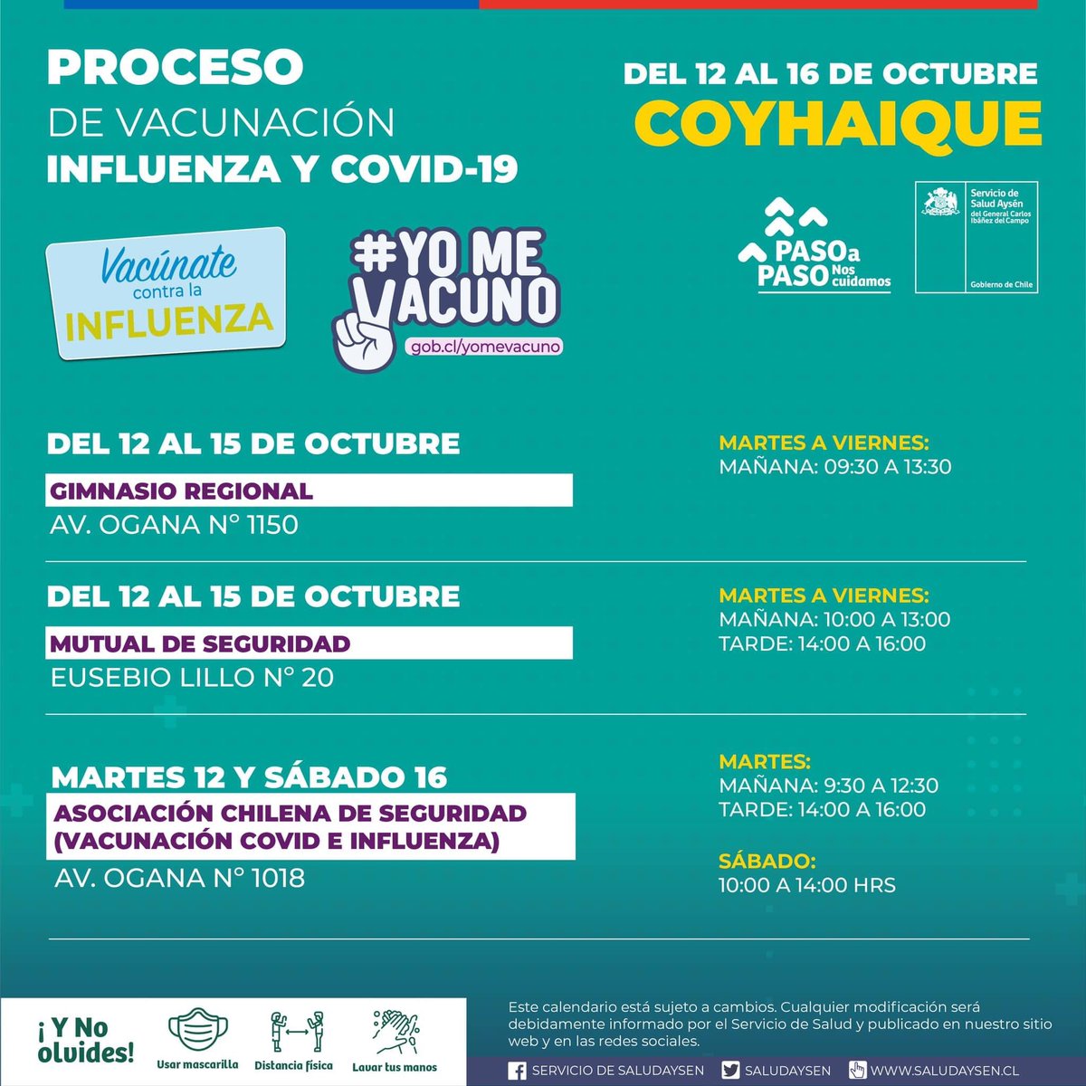 [Coyhaique] Conoce el punto de vacunación contra el COVID-19 y la Influenza, que va desde el 12 al  16 de octubre. #SigamosCuidándonos