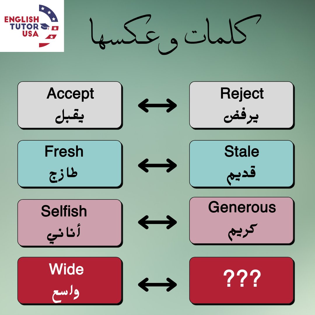 🅾️ما هو عكس كلمة واسع؟ (Wide)
#opposite #englishlovers #englishteacher
#انجليزي_مبسط #انجليزي_للجميع #تعلم_اللغة_الانجليزية