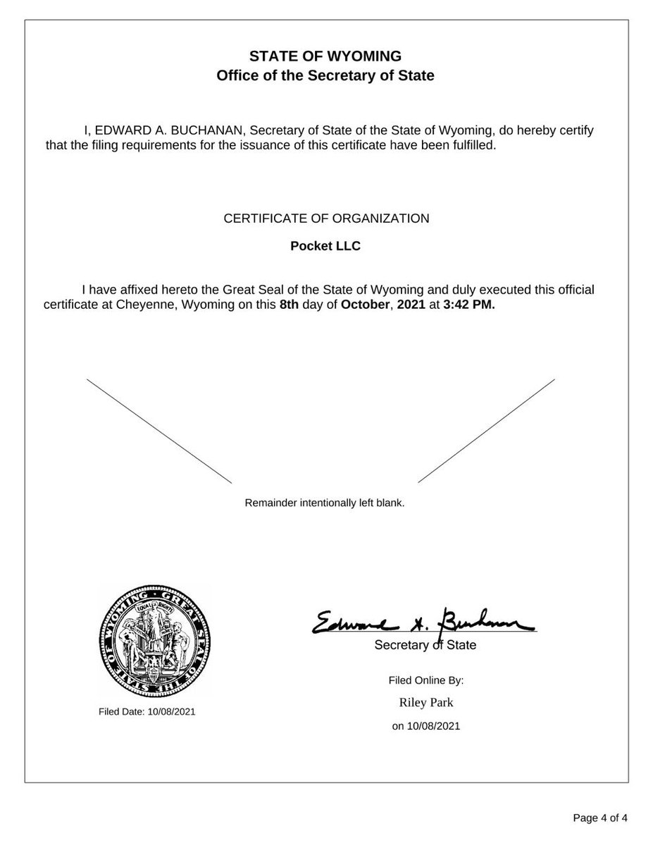 POCKETDOGE sharing good news to you one after another!

Finally! POCKETDOGE is registered under POCKET LLC in the state of Wyoming 🧡🧡🧡 

We are official Guys‼️💯

These are all baby steps towards our M$ goal 😎😎 So get in now before we take off 🚀🚀🚀