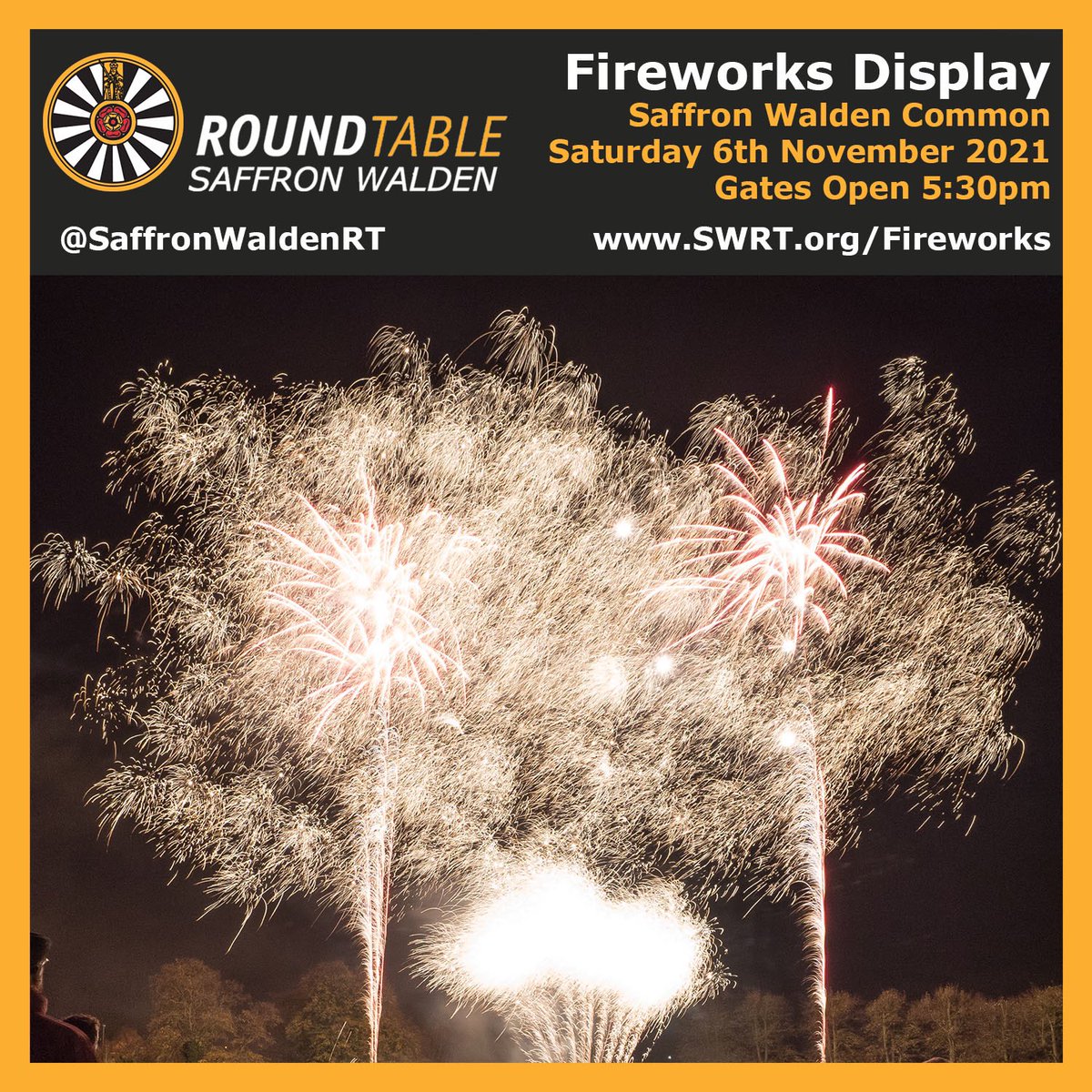 SaffronWaldenRT's tweet image. SWRT Fireworks Display
Saturday 6th November 2021
Saffron Walden Common

SWRT.org/Fireworks