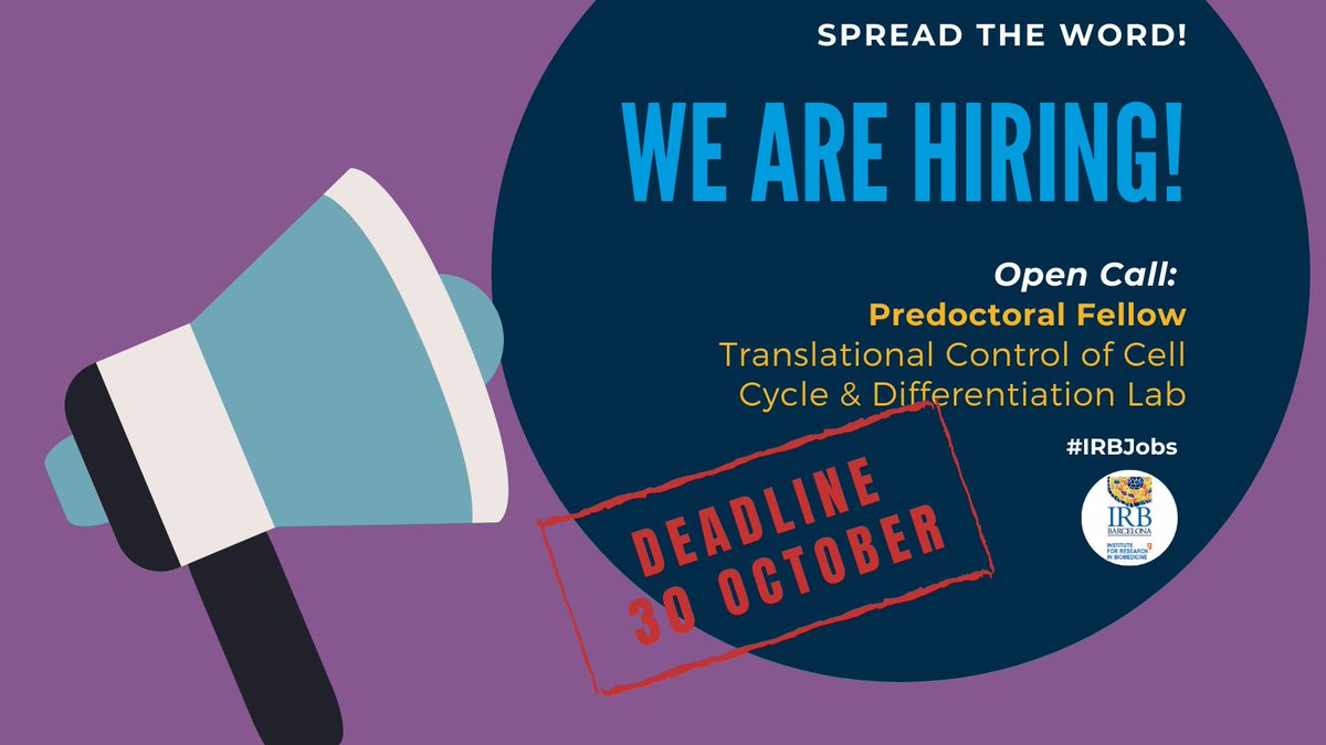 IRBBarcelona's tweet photo. 📢We are seeking a Predoctoral Researcher for the Translational Control of Cell Cycle &amp; Differentiation Lab, led by Dr. Raúl Méndez, in the field of post-transcriptional regulation of gene expression in cell cycle &amp; #cancer.

➡️https://t.co/aXm7ydXufg

#IRBJobs #PhDposition #PhD https://t.co/Jym7hPWrZD
