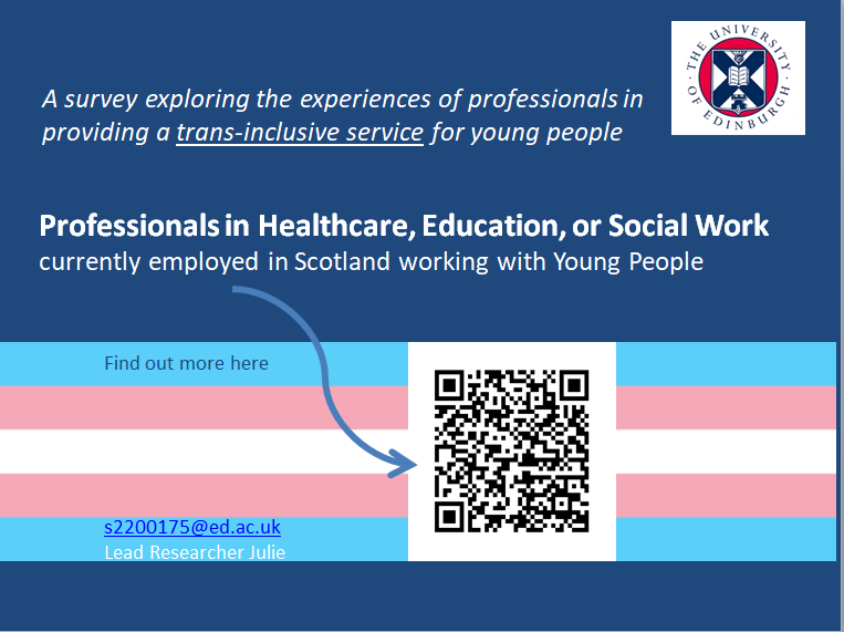 JulieLyons84's tweet photo. 🔎Are you a Professional in Healthcare, Education, or Social Work currently working in Scotland with Young People?🔍
If so, please participate in our quick survey focusing on your experience of providing a trans-inclusive service.

⬇️⬇️⬇️⬇️⬇️

https://t.co/DmcVZpv42E https://t.co/nEoZu3VPOO
