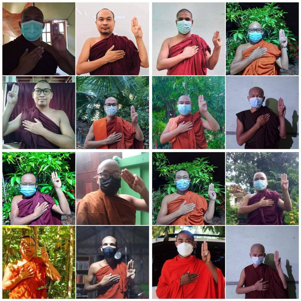 "We stand with all ethnic groups in war-affected areas," Mandalay Buddhist Monks said on Oct13 as they continued their anti-military night strike. #StopManmadeDisasterinMyanmar  #Oct13Coup  #WhatsHappeningInMyanmar
