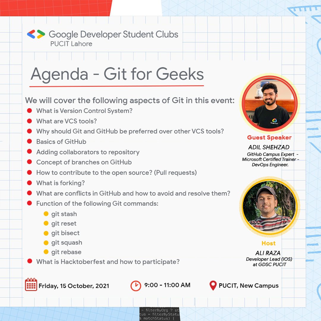 dscpucit's tweet photo. Presenting you the agenda for our upcoming event. It's going to be full of learning and a very informative session.
We are really excited and eagerly looking forward to have you all there!
#PUCIT #DSCPUCIT #GoogleDevelopers #GDSC #hacktoberfest #OpenSource #GitForGeeks https://t.co/4M5yWQ4z8b