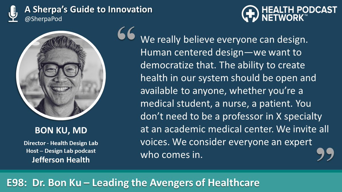 Benjamin Tingey (@thebenreport) on Twitter photo Thrilled to have one of our inspirations and #designthinking luminaries <a href="/BonKu/">Bon Ku, MD, MPP</a> join us on <a href="/SherpaPod/">A Sherpa's Guide to Innovation</a>
👂🎙️ bit.ly/innovationsher…
He does some cool stuff:
🩺<a href="/JeffersonUniv/">Thomas Jefferson University</a>
📗 #HealthDesignThinking
🎙️ <a href="/DesignLabPod/">Design Lab Podcast</a>
<a href="/RasuShrestha/">Rasu Shrestha MD MBA</a> @ElizCLT @FasterGlass <a href="/stanforddschool/">Stanford d.school</a> Thrilled to have one of our inspirations and #designthinking luminaries <a href="/BonKu/">Bon Ku, MD, MPP</a> join us on <a href="/SherpaPod/">A Sherpa's Guide to Innovation</a>
👂🎙️ bit.ly/innovationsher…
He does some cool stuff:
🩺<a href="/JeffersonUniv/">Thomas Jefferson University</a>
📗 #HealthDesignThinking
🎙️ <a href="/DesignLabPod/">Design Lab Podcast</a>
<a href="/RasuShrestha/">Rasu Shrestha MD MBA</a> @ElizCLT @FasterGlass <a href="/stanforddschool/">Stanford d.school</a>