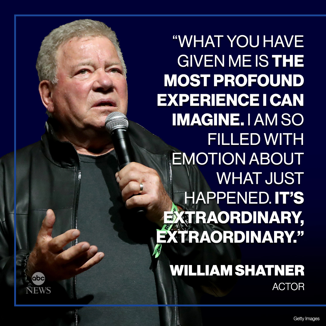 ABC's tweet image. William Shatner reflects on his trip to the edge of space on Blue Origin&apos;s New Shepard: &quot;What you have given me is the most profound experience I can imagine... It’s extraordinary, extraordinary.&quot; abcn.ws/3n7gC9R