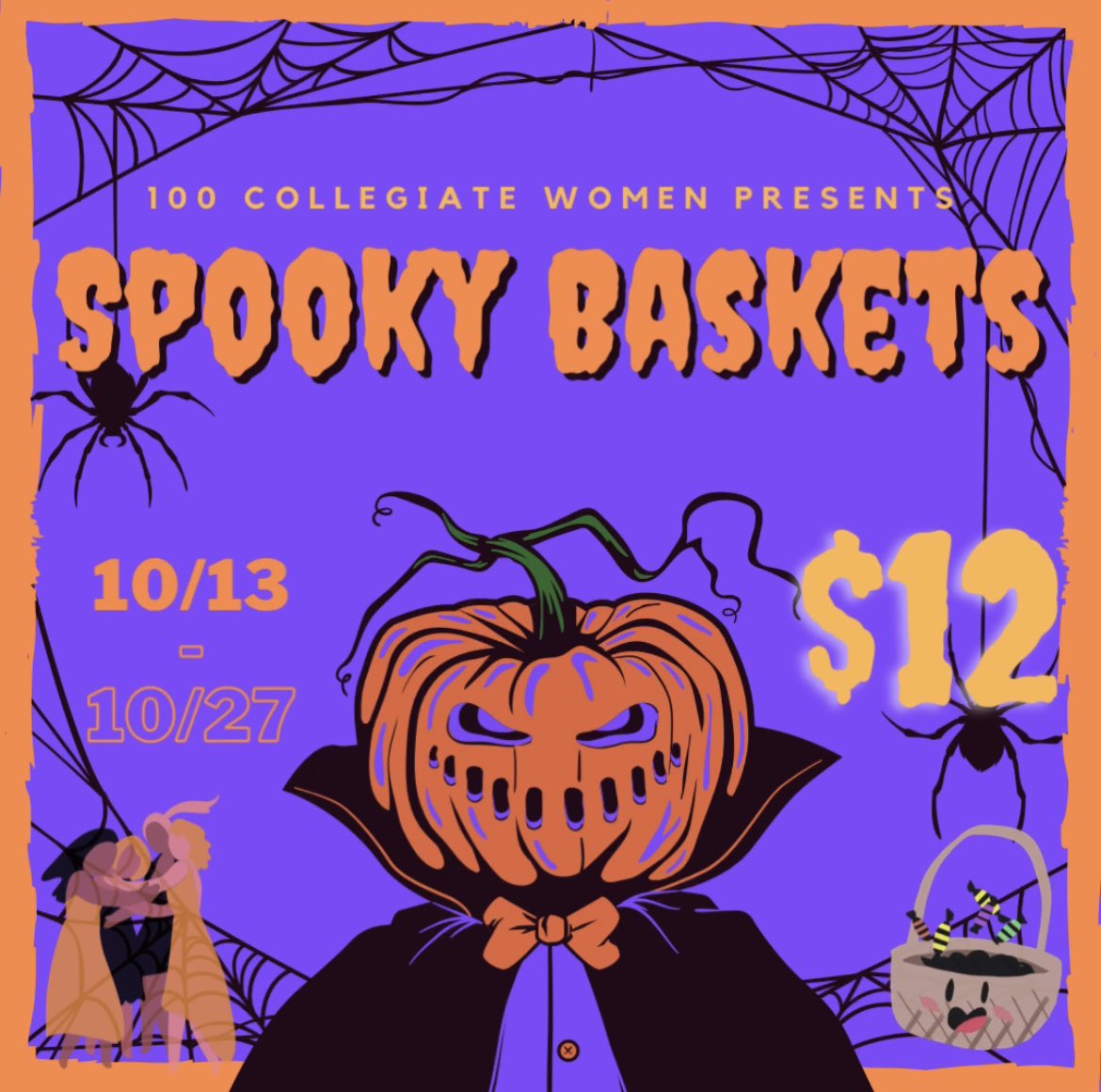 100cwR's tweet photo. 100 Collegiate Women presents SPOOKY BASKETS! Purchase for yourself,a friend or your boo thing👻We will be taking orders from October 13 to October 27 , ONLY $12! To purchase your baskets go through the order form link in our bio!#LikeCommentRepostandShare with a friend! 💜 https://t.co/5N1Rndce7Y