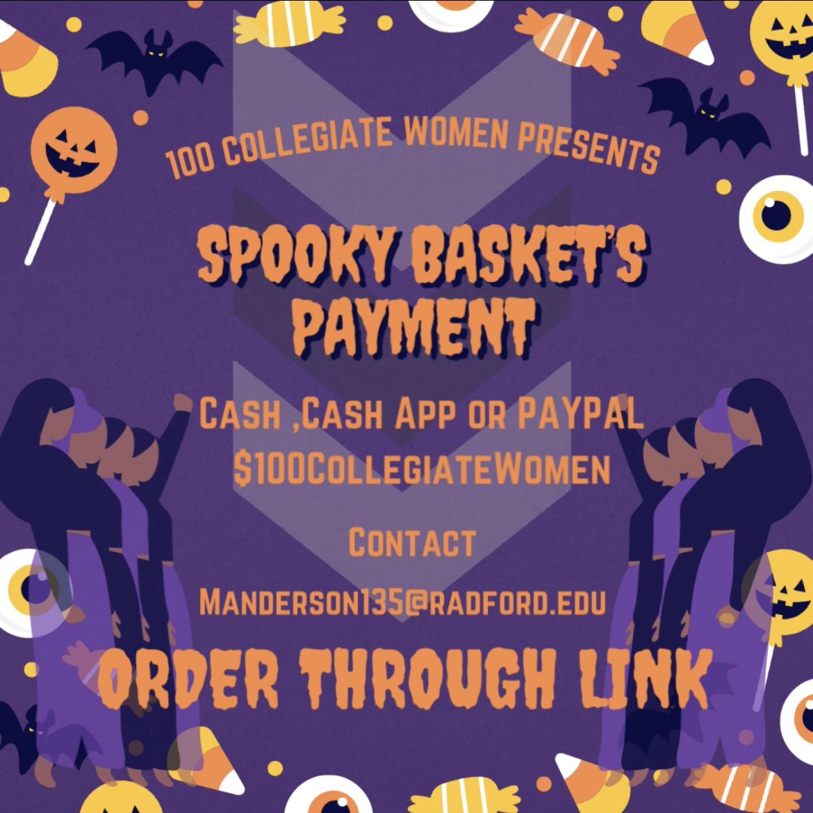 100cwR's tweet photo. 100 Collegiate Women presents SPOOKY BASKETS! Purchase for yourself,a friend or your boo thing👻We will be taking orders from October 13 to October 27 , ONLY $12! To purchase your baskets go through the order form link in our bio!#LikeCommentRepostandShare with a friend! 💜 https://t.co/5N1Rndce7Y