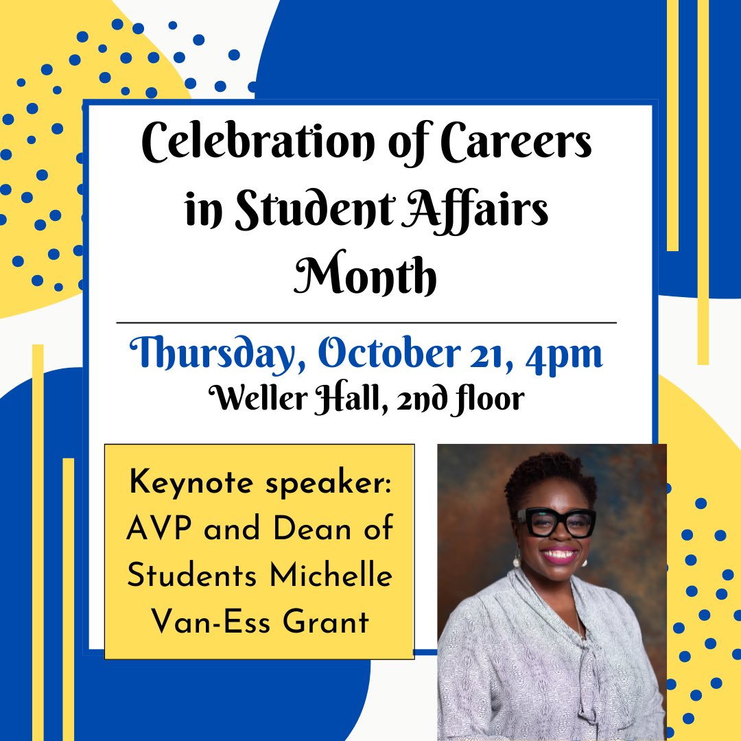 ‼️It’s Careers in Student Affairs Month‼️ Join us as we celebrate next Thursday, October 21st at 4pm! Featuring AVP and Dean of Students Michelle Van-Ess Grant as the keynote speaker!

Don’t forget to show some pride and wear your Hofstra gear!
