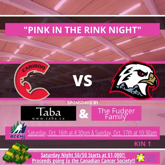This weekend is our “Pink in the Rink” night and our jackpot starts at $1000 and proceeds going to the Canadian Cancer Society! 

Huge thank you to Taba and the Fudger family for your generous contribution! 

#defendthenorth
