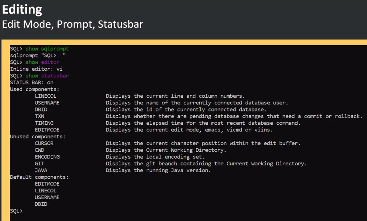OliverLemm's tweet image. another feature is the statusbar in sqlcl

by @thatjeffsmith 

#sqlcl @oraclesqlcl