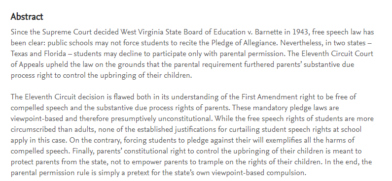 CarolineMCorbin's tweet photo. Here's the abstract of my brand new essay, The Pledge of Allegiance Revisited: Requiring Parental Consent

#FirstAmendment #compelledspeech
#substantivedueprocess #pledge https://t.co/FRWUWxEsnE