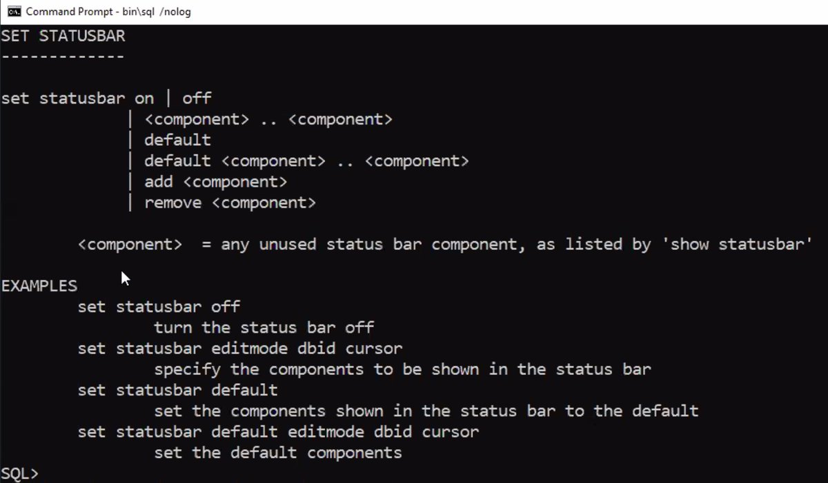 OliverLemm's tweet image. another feature is the statusbar in sqlcl

by @thatjeffsmith 

#sqlcl @oraclesqlcl
