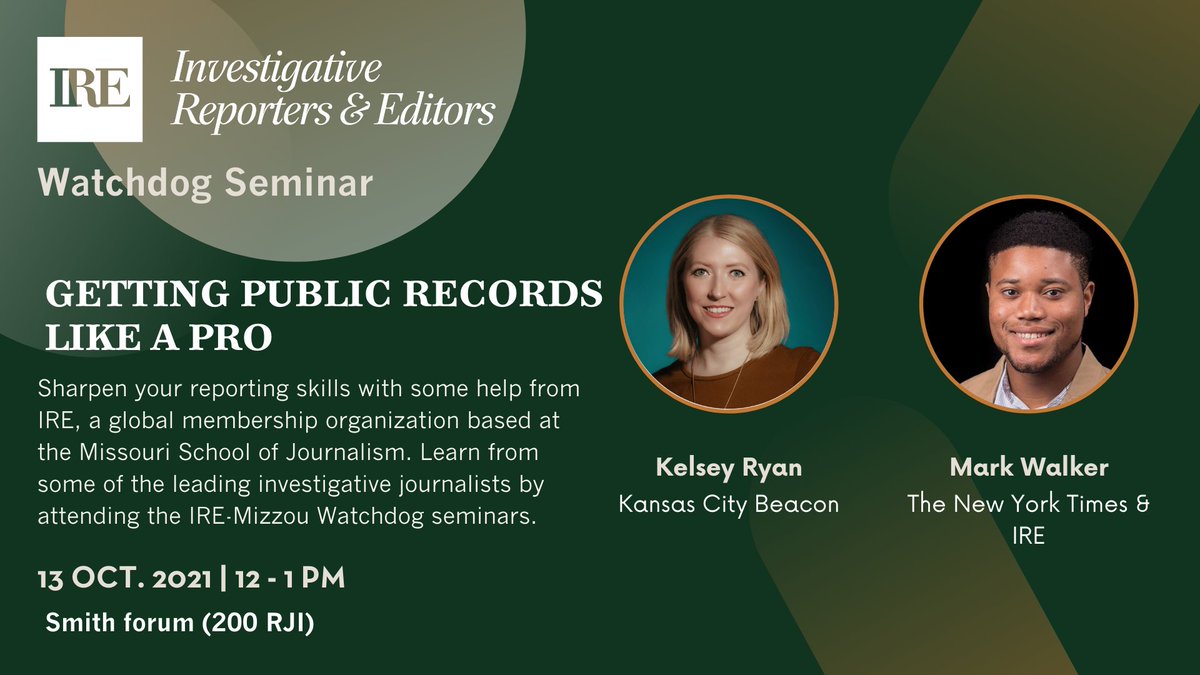 Getting public records like a pro: noon- 1pm today in Smith Forum, 200 RJI <a href="/mujschool/">Mizzou Journalism</a> Brought to you by <a href="/IRE_NICAR/">Investigative Reporters & Editors</a> Learn how to get documents/data for your reporting <a href="/kelsey_ryan/">Kelsey Ryan</a> <a href="/bymarkwalker/">Mark Walker</a> calendar.missouri.edu/event/ire-mizz…