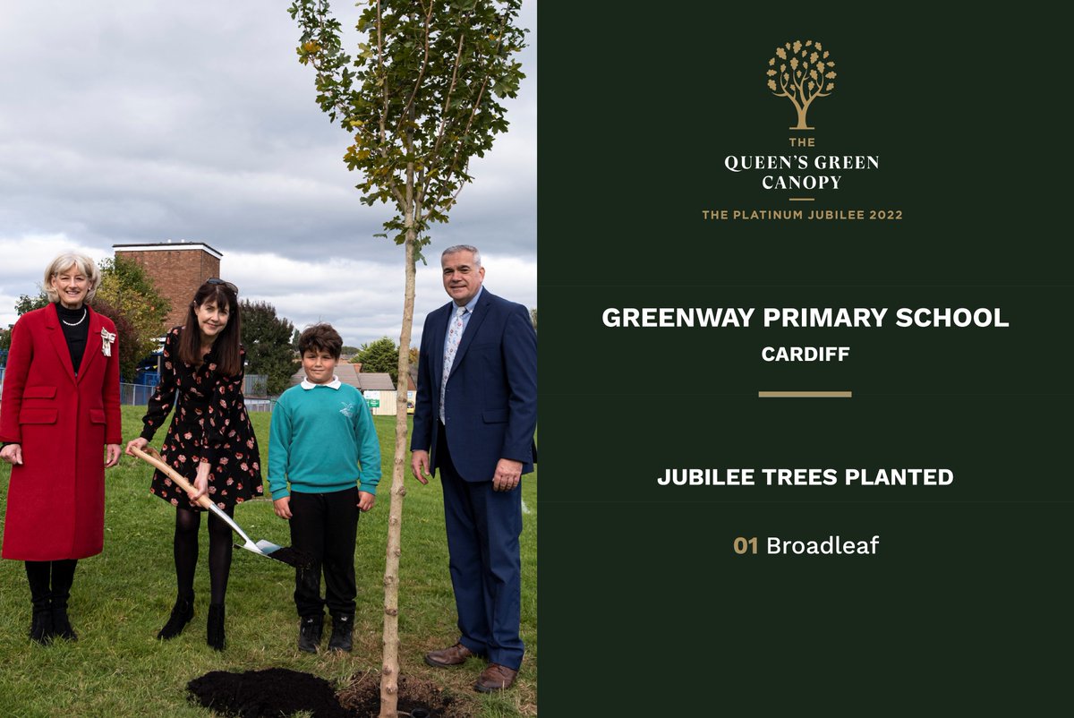 QGCanopy's tweet image. Lovely to see a #QGCCelebrationTree presented in #Cardiff by the Lord-Lieutenant of South Glamorgan to @GreenwayPrimary 🌳

Time has flown since the planting season began on 1st October and a canopy of #JubileeTree submissions is growing on our QGC Map ➡️ queensgreencanopy.org/map-education-…