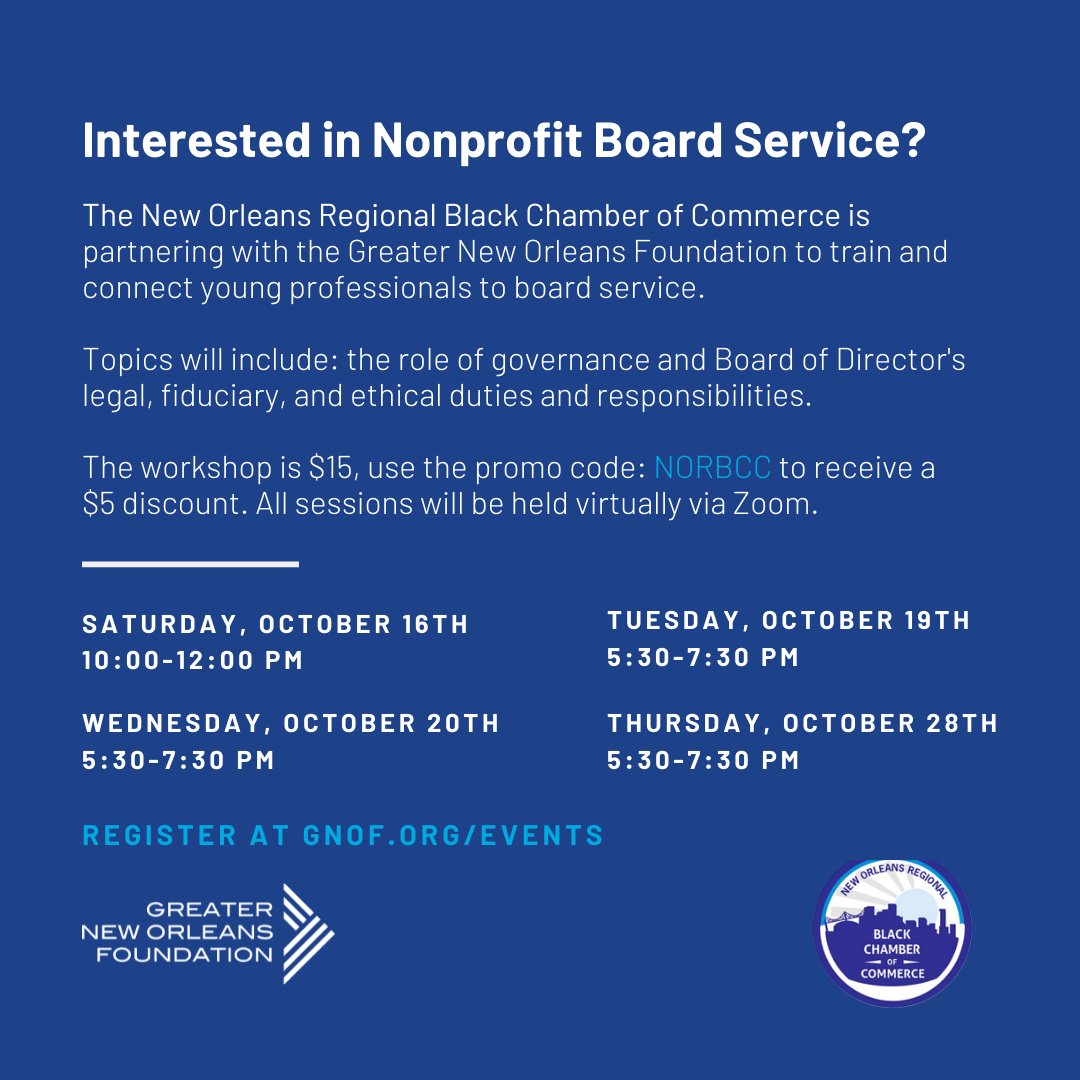 NORBlackChamber's tweet photo. Don’t miss the opportunity to learn more about the role of governance and Board of Director’s legal, fiduciary, and ethical duties and responsibilities. All sessions will be held over Zoom.
#BlackBusiness #NOLABlackBusiness #StrongerTogether #YourChamberofChoice #NORBCC https://t.co/bSpiIlgqdL