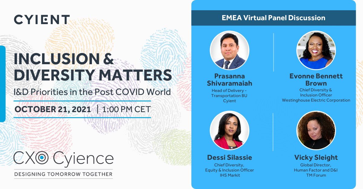 Cyient's tweet photo. Our next I&amp;D event is in EMEA! Join us on Oct 21, at 1:00 pm CET where I&amp;D leaders from IHS Markit, Westinghouse Electric Corporation &amp; TM Forum provide perspectives on I&amp;D priorities post-pandemic and share best practices for an organization. 
Register https://t.co/7tZiIdDDGx https://t.co/6tiyhYZFWA