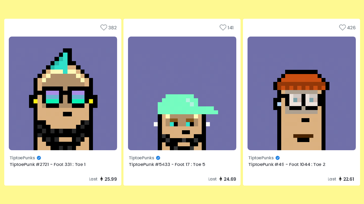 Why is the #TiptoePunk project different to every other NFT drop?

To put simply, it's the world's first 'interlinked' NFT project.

Interlinked, as every TiptoePunk is linked to 4 others in the 10,000 collection. Collect all linked 5 and get airdropped a rare 'FootPunk'.
#NFT