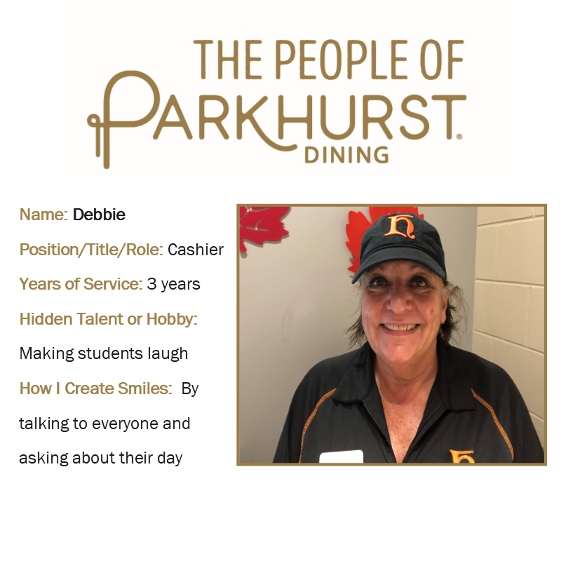 This week's People of Parkhurst is Debbie. She has been serving smiles here for 3 years and really enjoys talking to "her kids". 

Say hi to Debbie as you scan into Hoernemann! 
#peopleofparkhurst