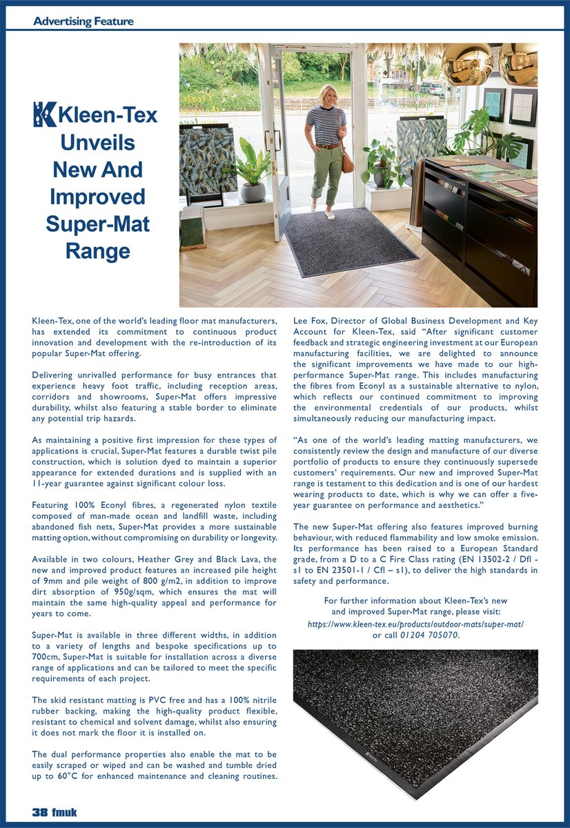 In the Oct issue of FMUK: @KleenTexEurope, one of the world’s leading #floor mat #manufacturers, has extended its commitment to continuous #product #innovation &amp; #development with the re-introduction of its popular #SuperMat offering.
➡️fmuk-online.co.uk/features/1804
#facman #matting