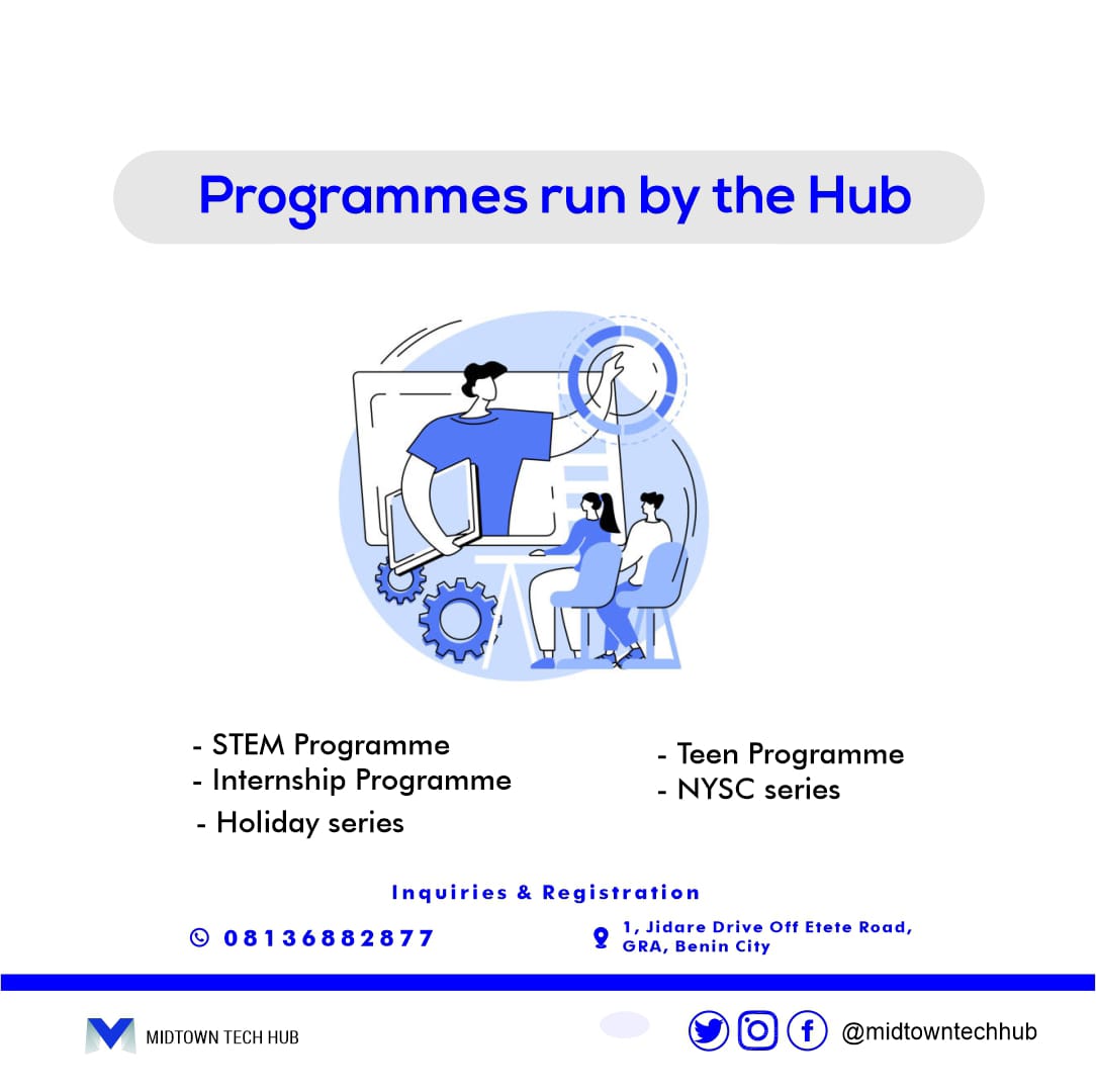 midtowntechhub's tweet image. We have a programme for everyone. Regardless of the phase of life you&apos;re in, you fit in with us.
You can send a DM to get started. Pick any of our programme that best suits you and develop a technological skill today. #MidtownTechhub #TalentDevelopment #BeninCity #TechSkill