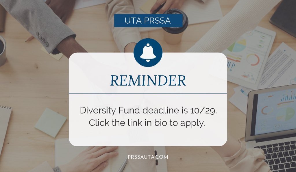 UTA PRSSA is accepting applications for the Diversity Fund. Which allows us to pay for several PRSSA memberships for BIPOC students who are committed to a career in the communications field. 

 The deadline is Friday, October 29th.

🗓👉 bit.ly/3FJ9lFx