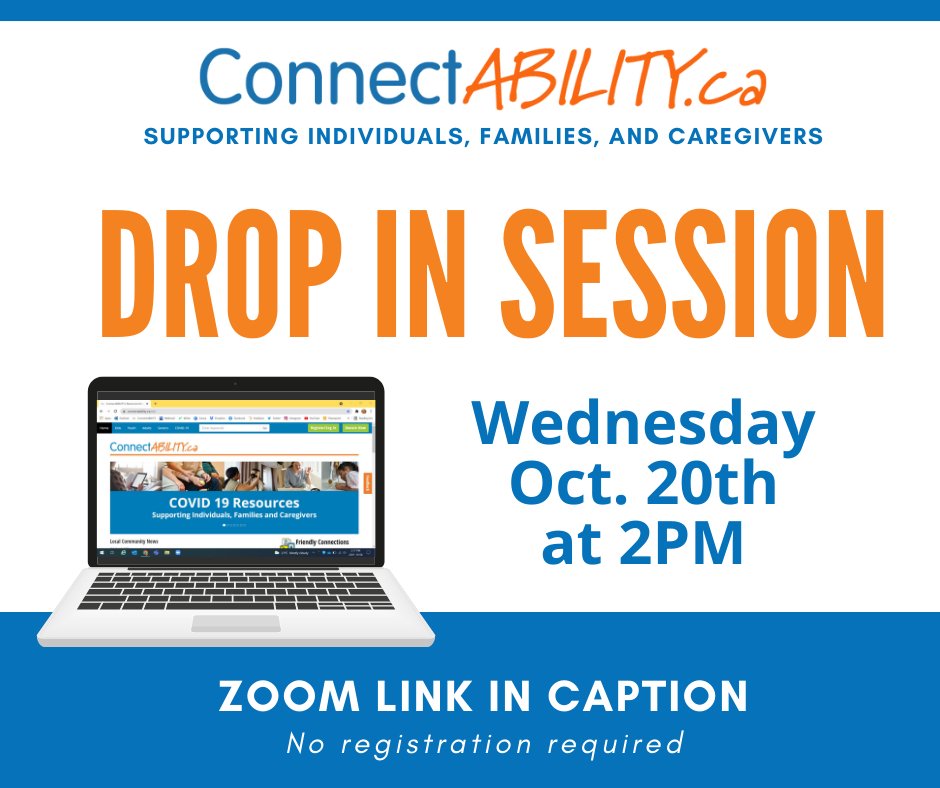 Connectability_'s tweet image. Have any questions about @ConnectABILITY1?

We are hosting a 30 minute zoom drop-in session and Q&amp;amp;A on Wednesday October 20th at 2pm. We will go over tips and tricks to navigate the site, key resources, and new content. 

Join Zoom Meeting
zoom.us/j/93487976267...