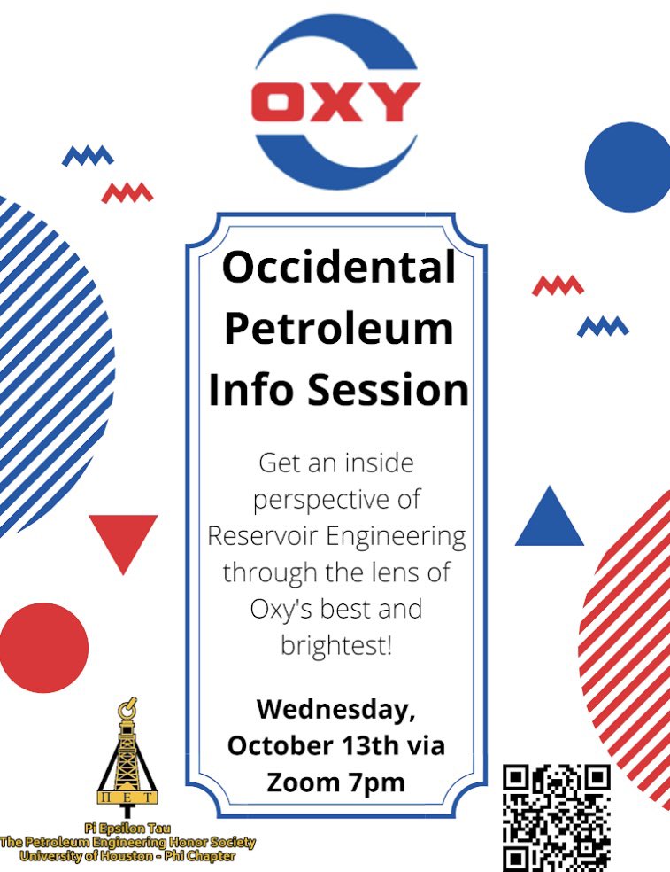 Hey Coogs,

I want to invite you to PiET's 2nd general meeting Wednesday, October 13th via Zoom!  We will have the Occidental Petroleum team giving an info session!

Sign-up form: 
docs.google.com/forms/d/14FVD9…

We hope to see you there! #uhengineering #uhpetro #pietuh