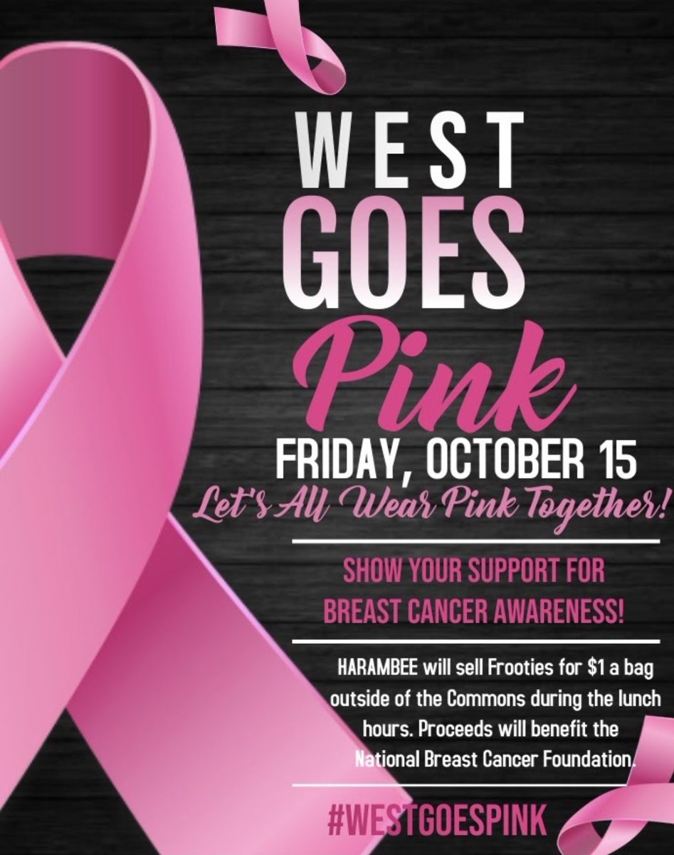 harambee1997's tweet photo. October is National Breast Cancer Awareness month. Please join us in wearing pink on Friday,October 15th to support breast cancer awareness and prevention. We will also be selling frooties for a dollar in all lunch hours. Let’s all pull together for a great cause! #WestGoesPink https://t.co/ZeDYZLG4tt