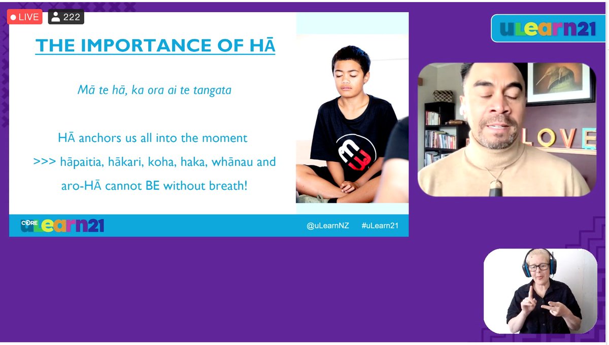 #uLearn21 #hauora #wellbeing #calm #thrivingaotearoa @ULearnNZ Jason Te Patu - the importance of hā ♥️