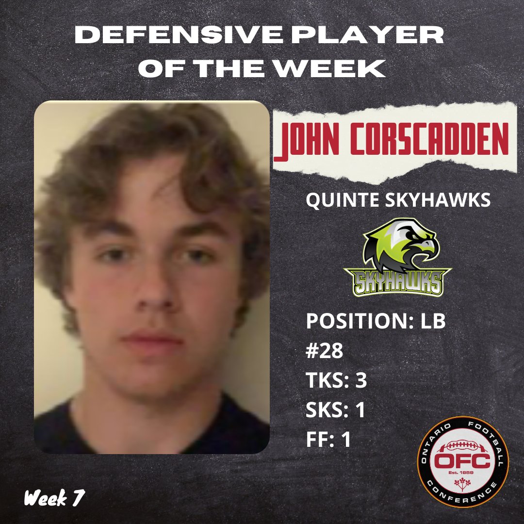 TheOFCFootball's tweet photo. 𝗣𝗟𝗔𝗬𝗘𝗥𝗦 𝗢𝗙 𝗧𝗛𝗘 𝗪𝗘𝗘𝗞!
Announcing our players of the week for week 7 of the regular season!  #OFCFootball #CJFL 

@stclairfratmen @BeefeatersFtbl @SkyhawksFootbal https://t.co/VzxjigKT01