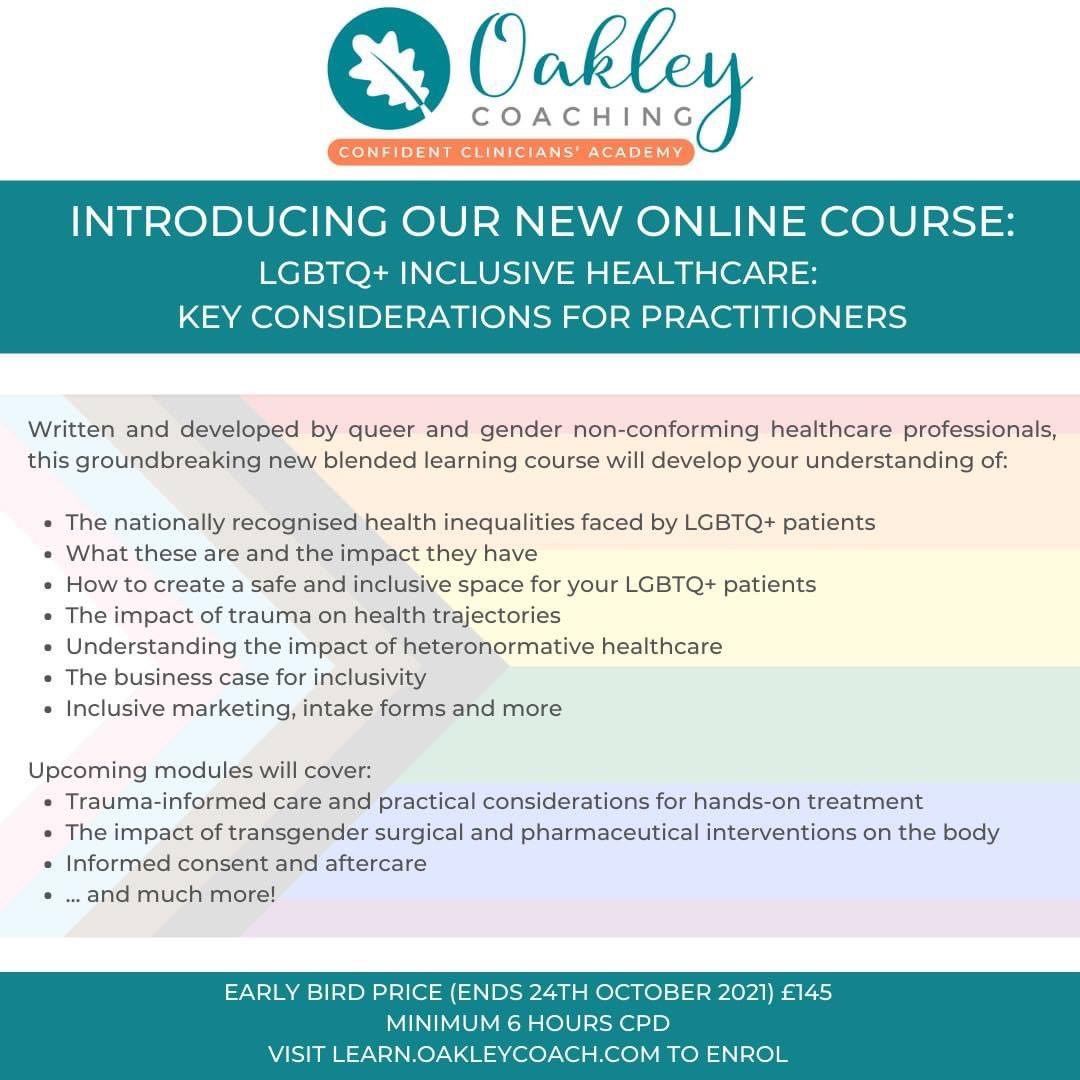 Delighted with the response to our #LGBTQ healthcare course- a much needed area of focus for all practitioners to better understand &amp; support this demographic! Early bird ends 24th Oct learn.oakleycoach.com/courses/LGBT-h… #TransHealthcare #LGBTQIAHealth #LGBTQHealth