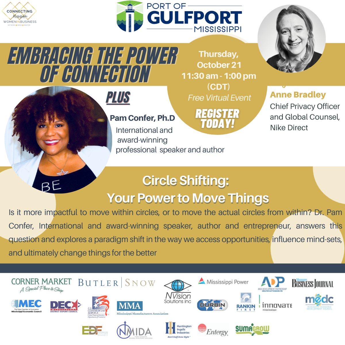 You don't want to miss these empowering workshops!

my.eventcadence.com/e/connecting-m…

Thanks to all our Sponsors!
<a href="/PortofGulfport/">Port of Gulfport</a>
<a href="/NVSGIS/">NVision Solutions</a>
 <a href="/ADPHattiesburg/">Area Dev Partnership</a>
<a href="/SumaGrow/">SumaGrow</a>
 Durbin 
<a href="/MS_Power/">Mississippi Power</a>
@MECStateChamber
<a href="/medcinfo/">Mississippi Economic Development Council (MEDC)</a>
 EDF 
@HIIndustries
<a href="/InnovateMS/">Innovate Mississippi</a>
<a href="/mbjournal/">Mississippi Business Journal</a>
 Rankin First