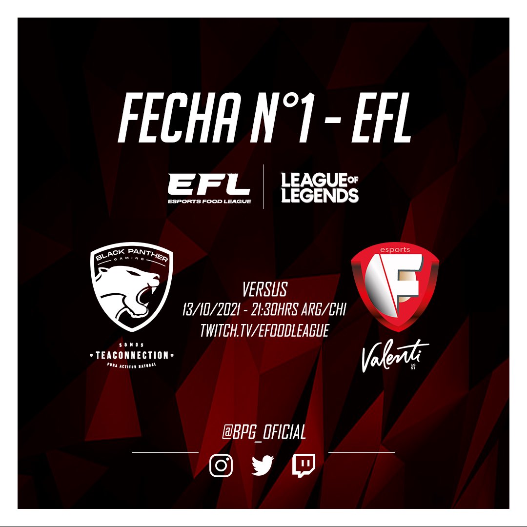 MATCHDAY • LOL

Debut en <a href="/efoodleague/">Esports Food League</a> representando a <a href="/TeaConnection/">Tea Connection</a> 

21:30HRS ARG/CHI VS <a href="/Ft_esports/">FT esports</a> 

Transmisión en vivo por twitch.tv/efoodleague 

#GOBPG