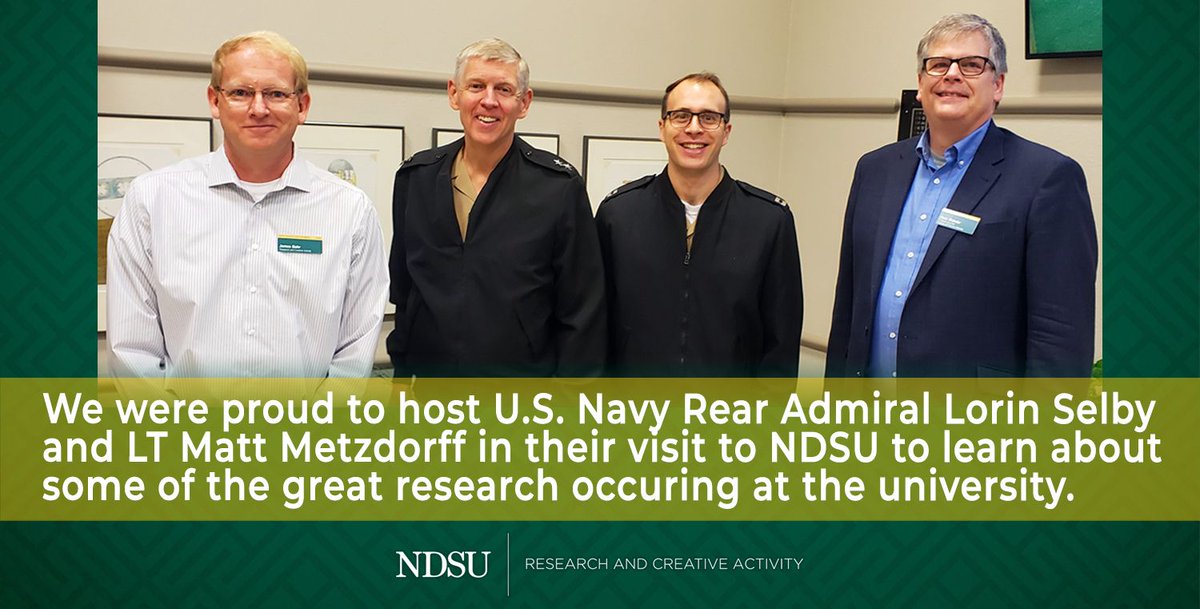 NDSUVPRCA's tweet photo. Thanks to @USNavy Chief of Naval Research Rear Admiral @LCSelby and LT Matt Metzdorff for touring @NDSUCPM, @NDSUChemBio, Mechanical Engineering, and Physics labs and learning about coatings, composite materials, low-cost solar cells, and aerodynamics research @NDSU. https://t.co/6frDuiL7r4