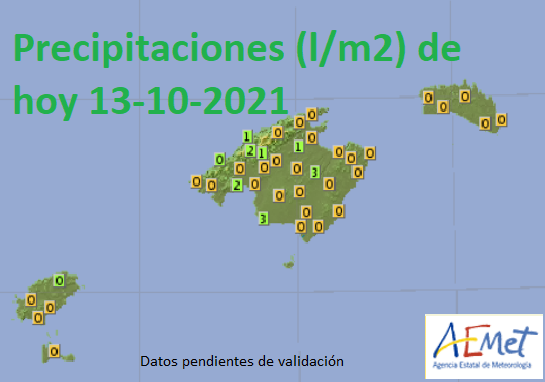 AEMET_Baleares's tweet photo. Precipitaciones ( l/m2) de hoy en #Baleares:
Mallorca  
3 Petra
3 Llucmajor, Cap Blanc
2 Serra d'Alfàbia
2 Palma, Portopí
1 Sa Pobla
1 Escorca, Son Torrella
1 Sóller, Puerto
https://t.co/AVG2C7zvIm https://t.co/cYW5xMmyJE