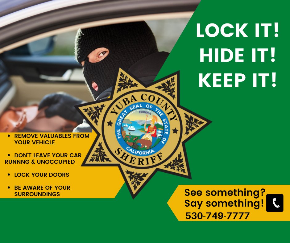Citizens can make a strong impact reducing these crimes of opportunity by locking their car doors, hiding valuables and remaining alert and mindful of their surroundings. Lock it, hide it, keep it!
