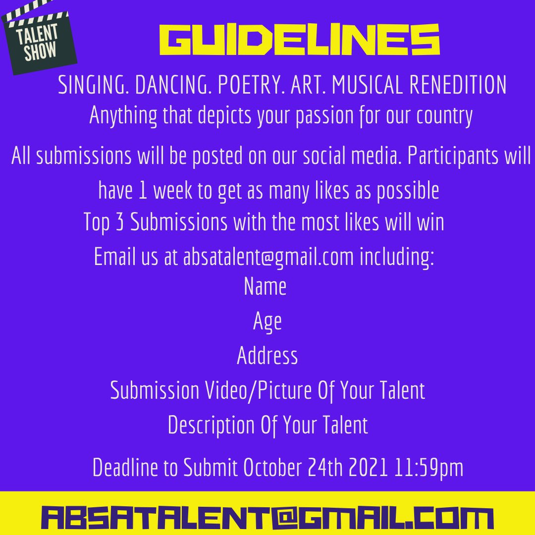 absajam's tweet photo. It's Back!💃🏾👏🏾🎊
A.B.S.A Jamaica Presents: The ‘Tiguan Talent Show! 
All Antiguans and Barbudans are welcomed to show us their talents! 

 Please see requirements on photo attached.                                  
#ABSAJAM
#ABSAWEEK
#THETIGUANTALENTSHOW
#TALENTSHOWCOMPETITION https://t.co/f4Q5LBHLtZ