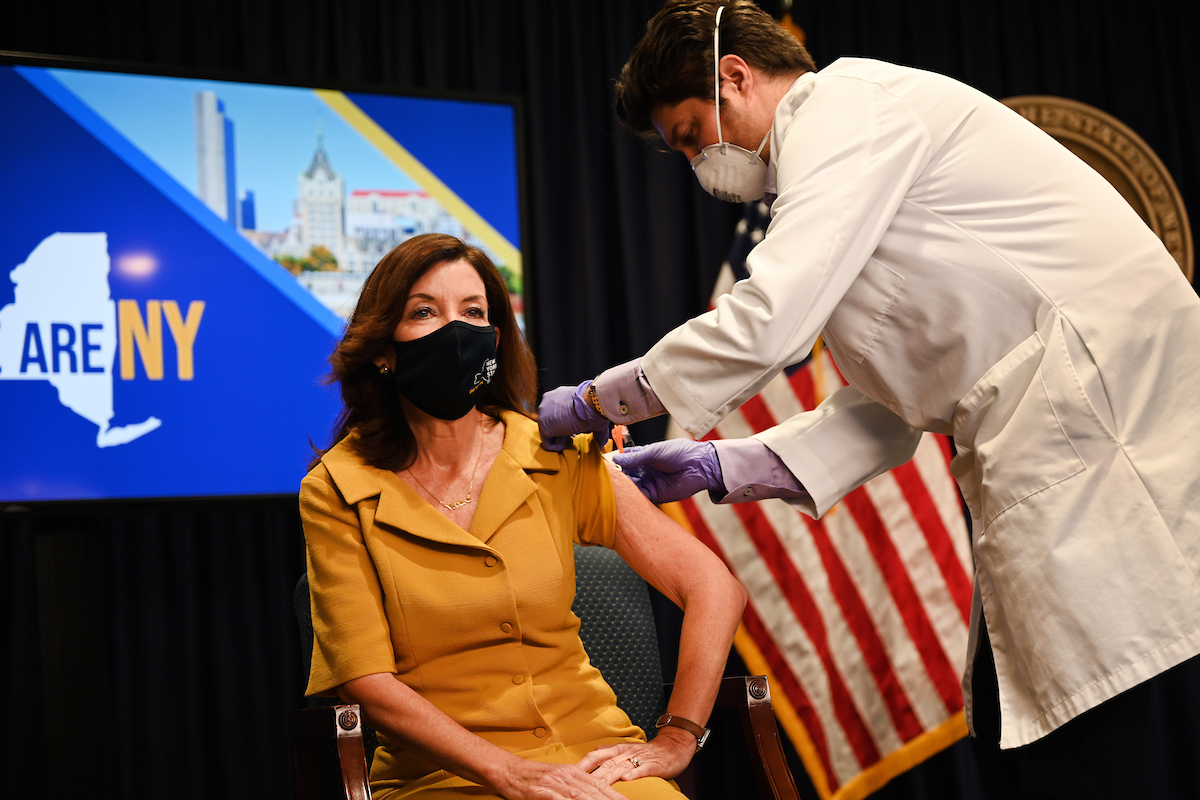 Gov. Kathy Hochul receives the influenza vaccine.