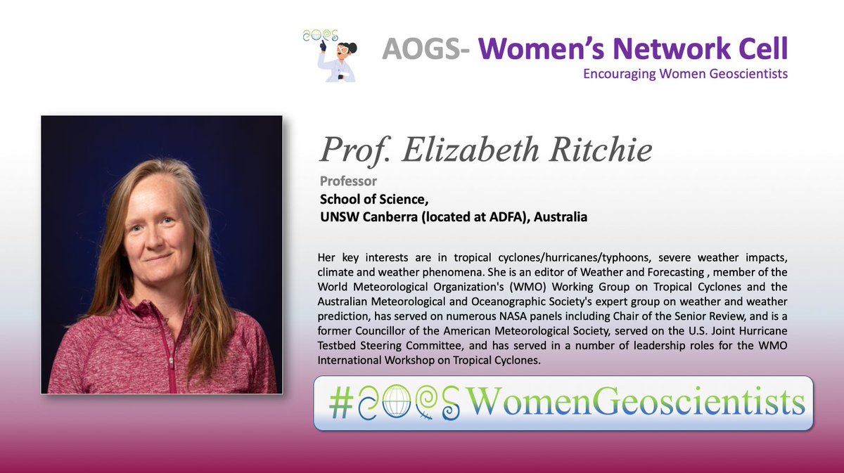 AogsWnc's tweet photo. This week @AogsWnc, we are celebrating the achievements of the highly inspirational and diverse researcher Prof. Elizabeth Richie, Fellow of the American Meteorological Society (AMS) from UNSW Canberra @UNSWCanberra 
 Glad to have you onboard!
#AOGSWomenGeoscientists https://t.co/8PN5Gszwh0