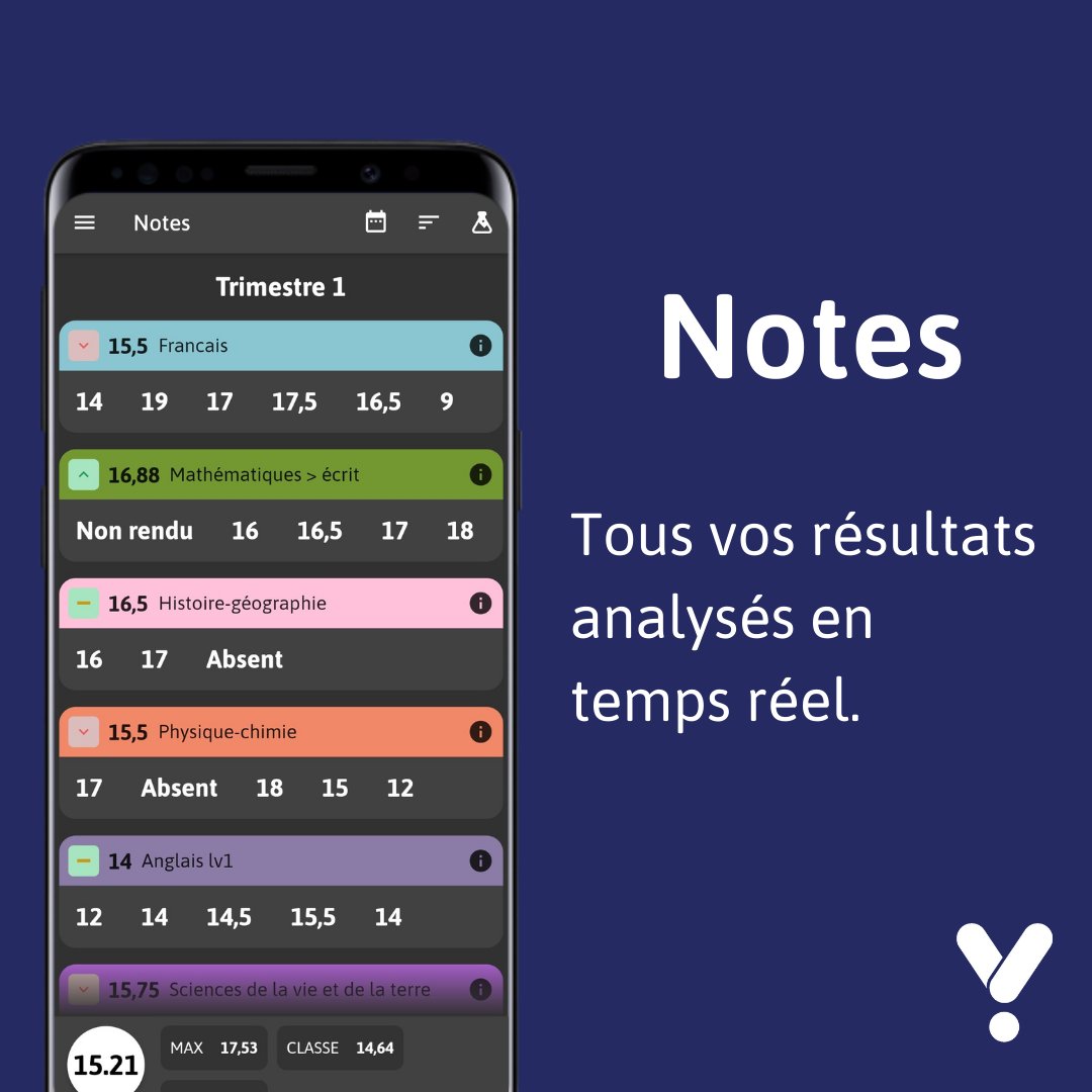 yNotesApp's tweet photo. Statistiques, moyennes et analyses viendront compléter tes notes pour comprendre leur impact sur ta progression. Retrouvez facilement vos résultats : choisissez yNotes !
#yNotes #appli #notes #résultats https://t.co/L12shUYVhw