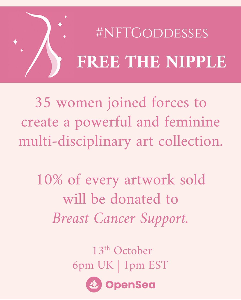 crownandpalette's tweet photo. Rise Up 🎀 - my NFT contribution to the #FreeTheNipple collaborative collection with the @NFTGoddesses for Breast Cancer Awareness Month 💞 - 35 powerful &amp; feminine pieces, where 10% of the proceeds of each go to Breast Cancer Support, all dropped at 1pm EST today - 10/13/21 💓 https://t.co/PByK4JqpZE