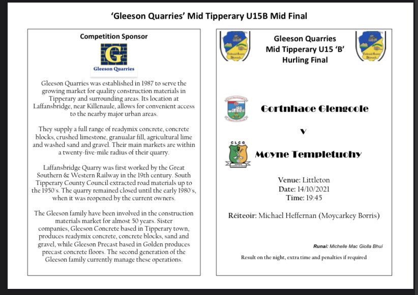 MidTipp_Coiste's tweet photo. Tomorrow evening sees the Gleeson's Quarries Mid Tipperary U15B Final take place in Littleton under lights at 7.45pm. 

The game sees @GortnahoeGleng1 take on @MoyneTTuohyGaa in what promises to be a cracker of an affair. 
Best wishes to both clubs!

🔴⚪️🟢🟡 https://t.co/eNWQ5MqDbe