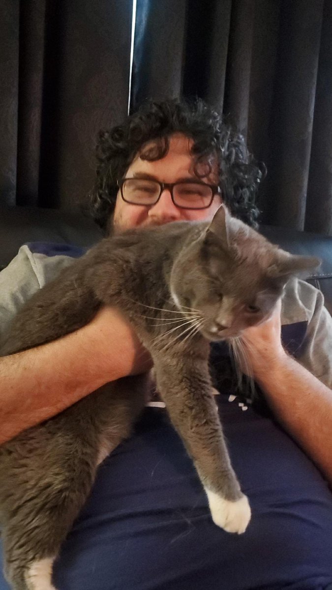 JMBcafe's tweet photo. My Dad and fam got a rescue cat a while back. Poor thing is missing one eye.

But recently he’s finally allowed people to hold him and pet him. And he’s so precious. 

This is Nimbus! https://t.co/6X5GdZxoSP