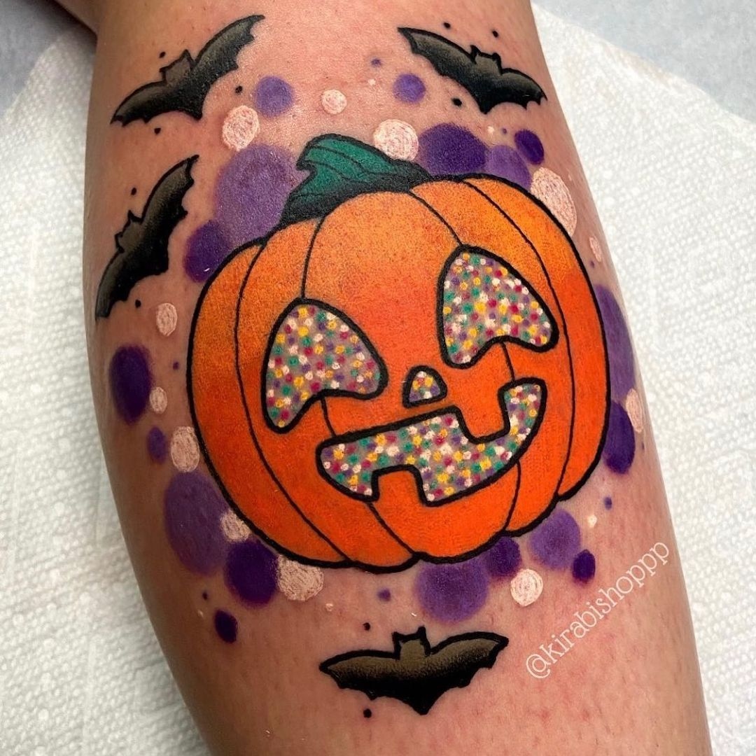 Inkedmag's tweet photo. Glittery Halloween cuteness 🎃 Tattoos by Kira Bishop https://t.co/uIwA0UfawE